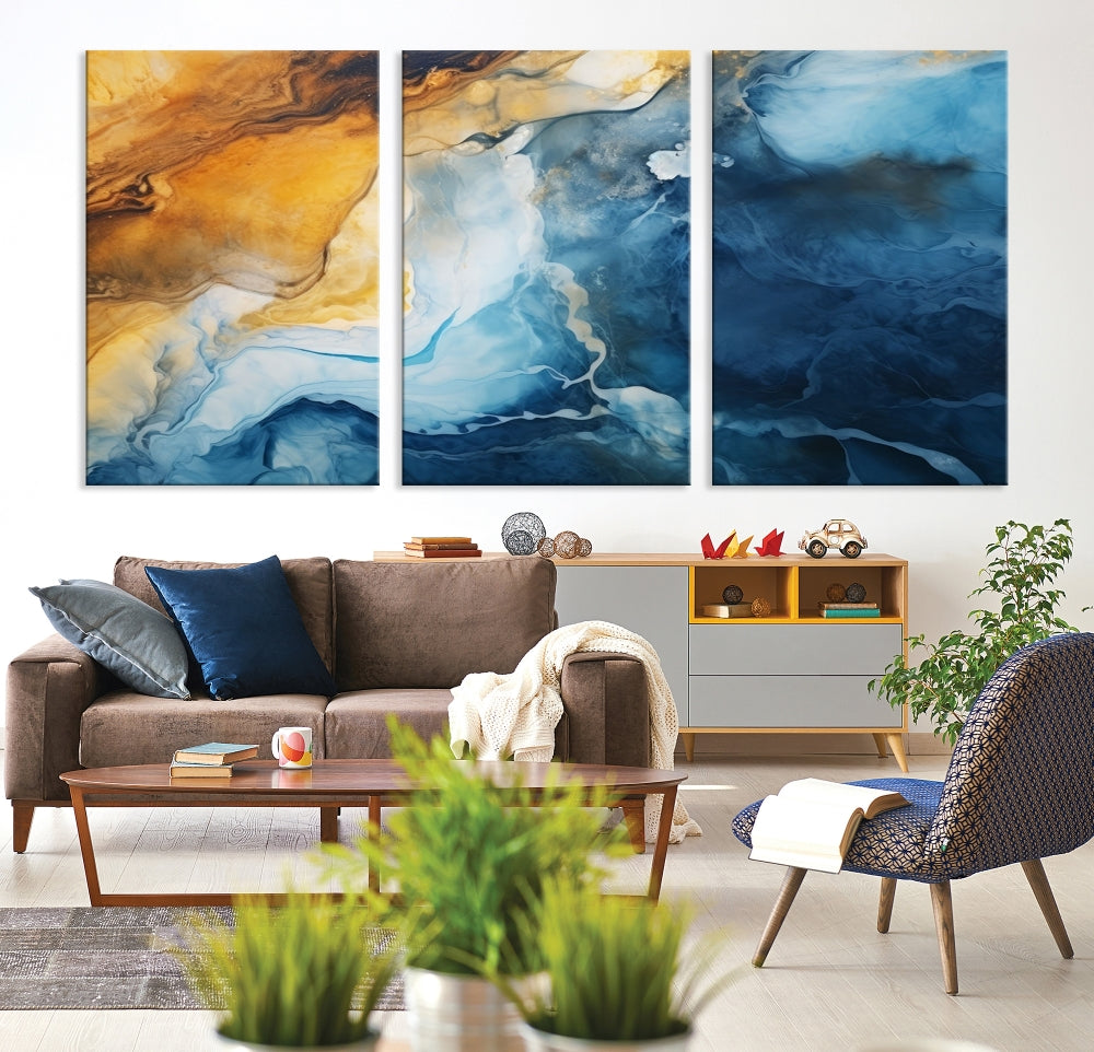 Abstract Ice Blue Painting on Canvas, Large Wall Art, Set of Print, Modern Marble Wall Decor