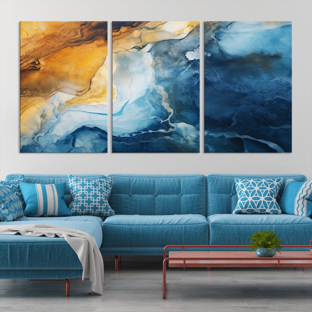 Abstract Ice Blue Painting on Canvas, Large Wall Art, Set of Print, Modern Marble Wall Decor