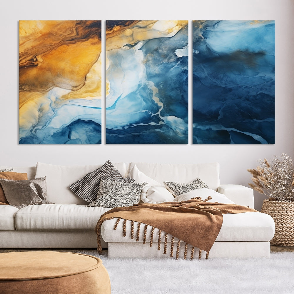 Abstract Ice Blue Painting on Canvas, Large Wall Art, Set of Print, Modern Marble Wall Decor