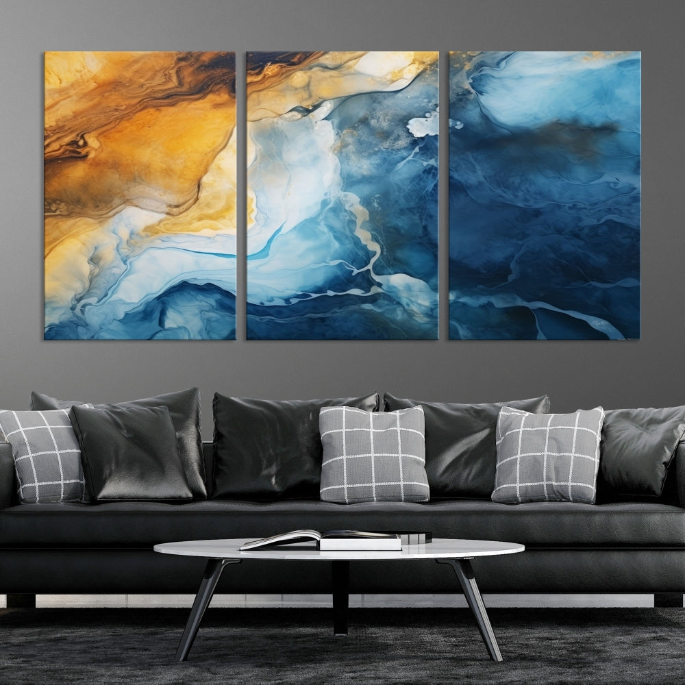 Abstract Ice Blue Painting on Canvas, Large Wall Art, Set of Print, Modern Marble Wall Decor