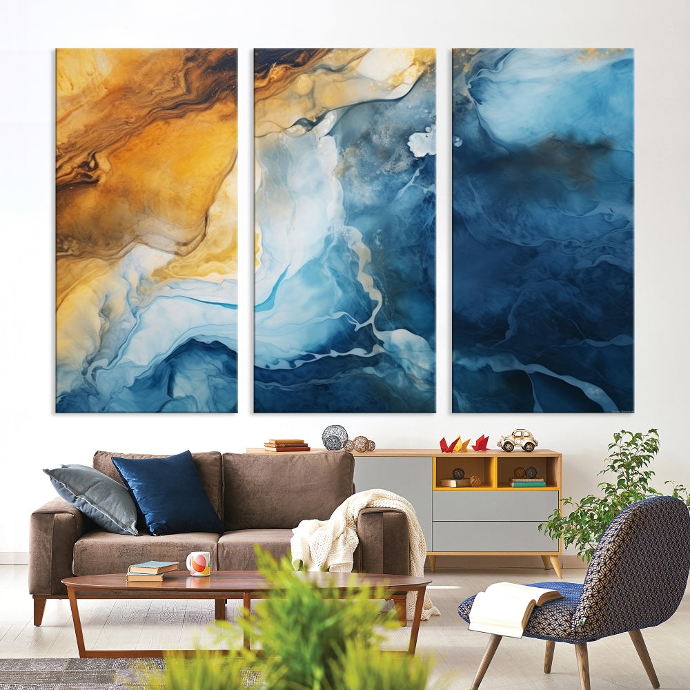 Abstract Ice Blue Painting on Canvas, Large Wall Art, Set of Print, Modern Marble Wall Decor