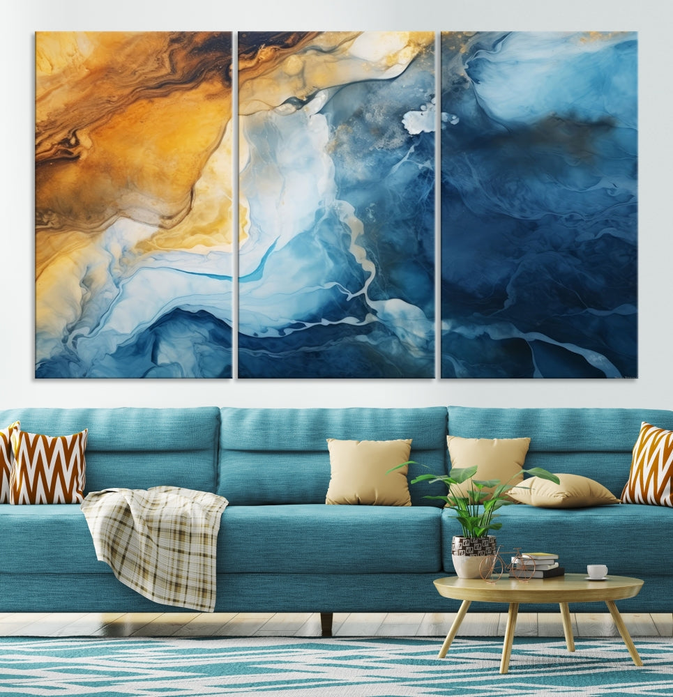 Abstract Ice Blue Painting on Canvas, Large Wall Art, Set of Print, Modern Marble Wall Decor