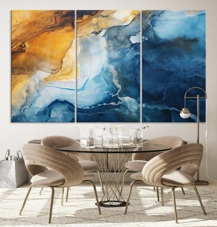 Abstract Ice Blue Painting on Canvas, Large Wall Art, Set of Print, Modern Marble Wall Decor