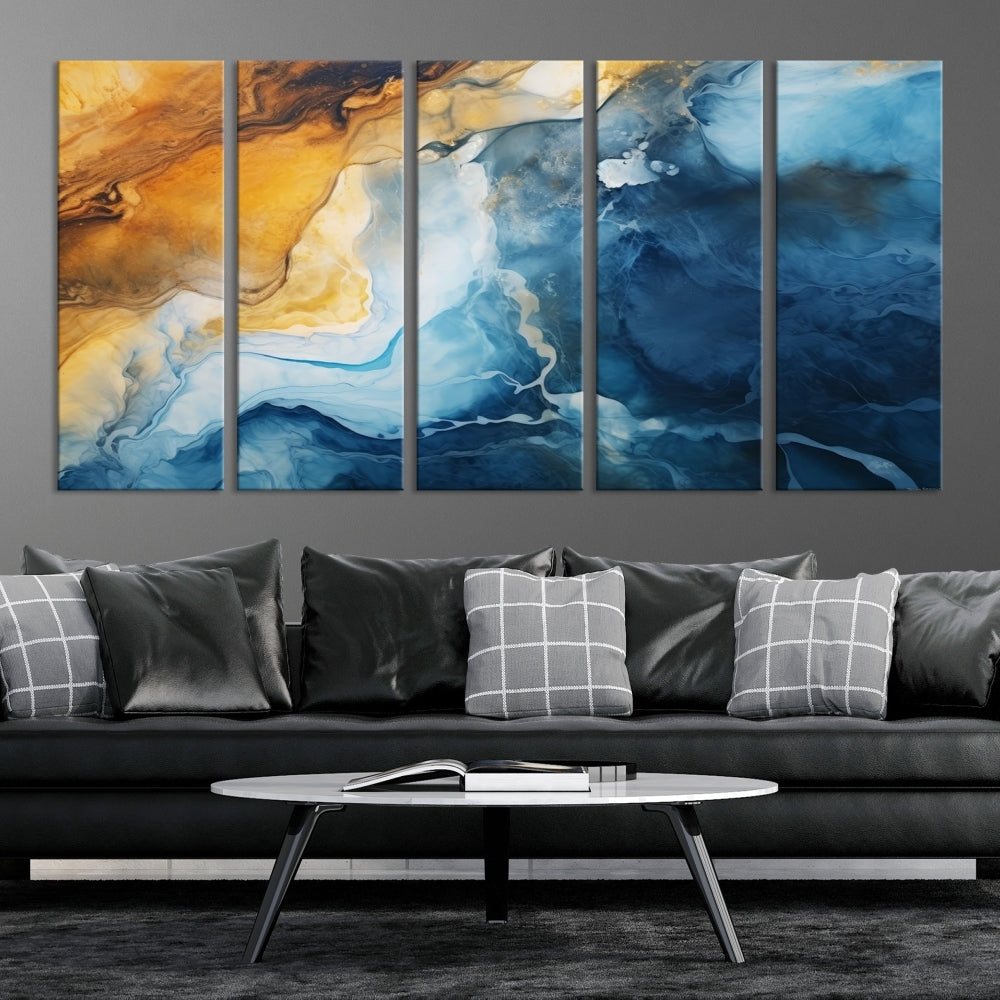 Abstract Ice Blue Painting on Canvas, Large Wall Art, Set of Print, Modern Marble Wall Decor