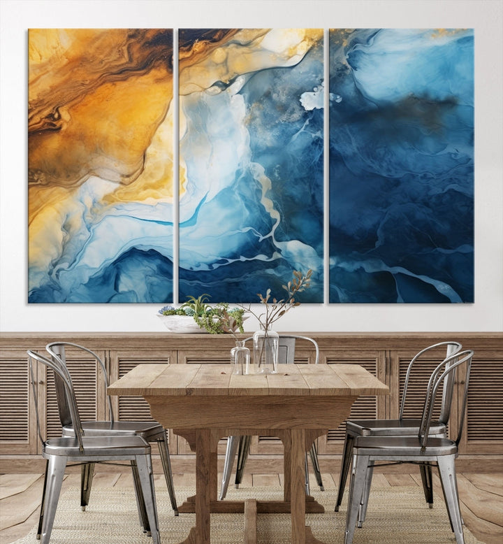 Abstract Ice Blue Painting on Canvas, Large Wall Art, Set of Print, Modern Marble Wall Decor