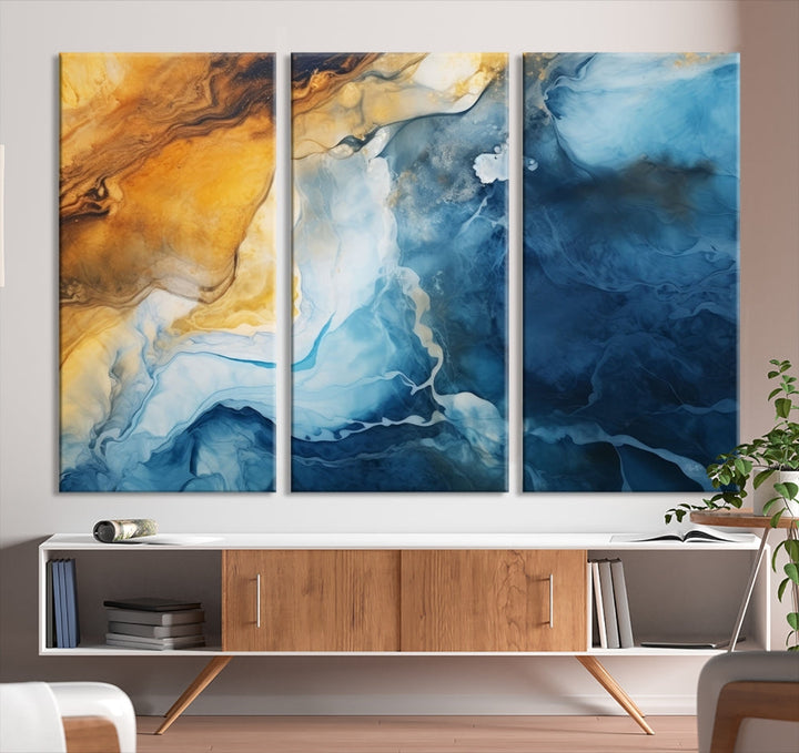 Abstract Ice Blue Painting on Canvas, Large Wall Art, Set of Print, Modern Marble Wall Decor