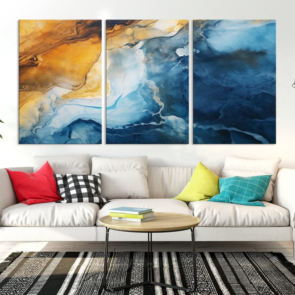 Abstract Ice Blue Painting on Canvas, Large Wall Art, Set of Print, Modern Marble Wall Decor