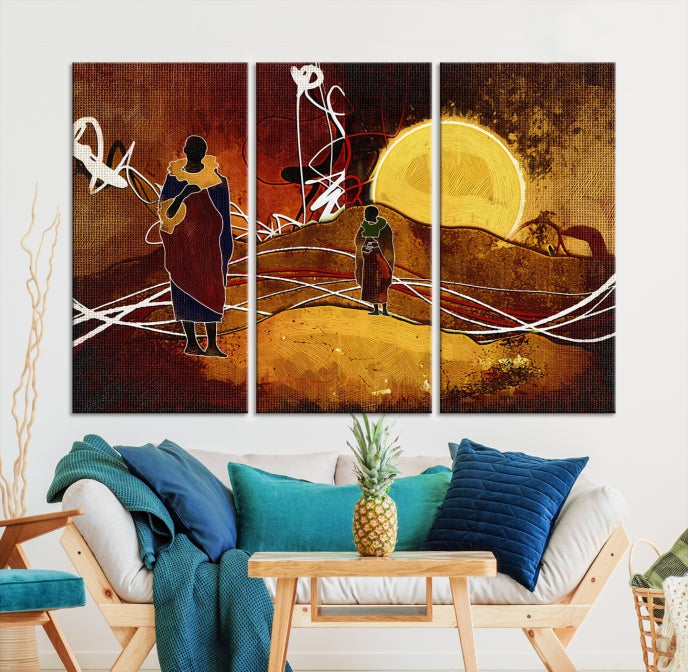 Abstract Landscape Painting Sun and African People Large Wall Art Canvas Print