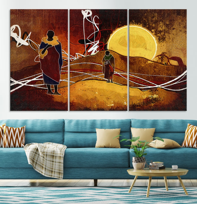 Abstract Landscape Painting Sun and African People Large Wall Art Canvas Print