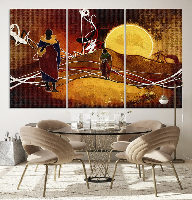 Abstract Landscape Painting Sun and African People Large Wall Art Canvas Print