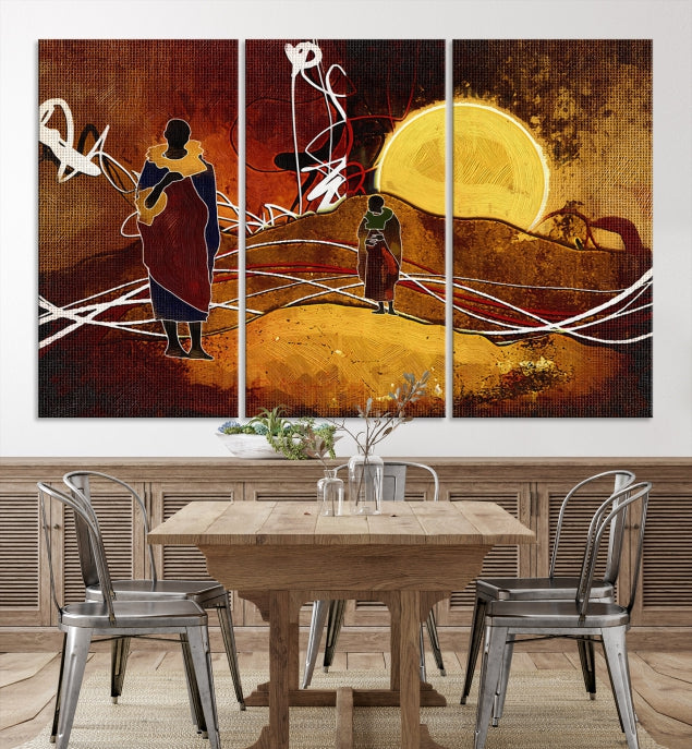 Abstract Landscape Painting Sun and African People Large Wall Art Canvas Print