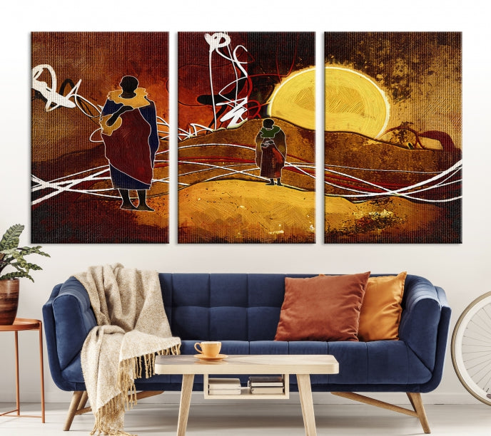 Abstract Landscape Painting Sun and African People Large Wall Art Canvas Print