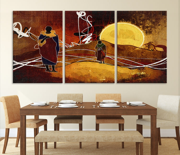 Abstract Landscape Painting Sun and African People Large Wall Art Canvas Print