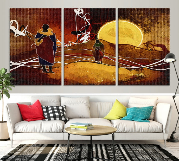 Abstract Landscape Painting Sun and African People Large Wall Art Canvas Print