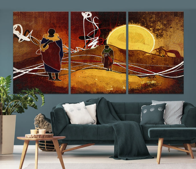 Abstract Landscape Painting Sun and African People Large Wall Art Canvas Print