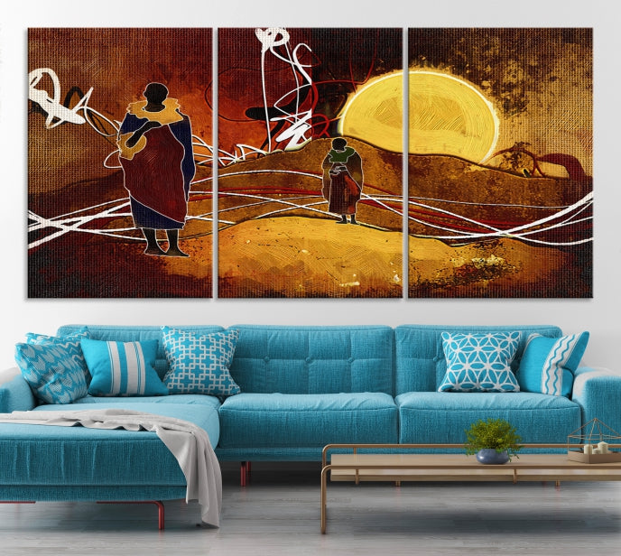 Abstract Landscape Painting Sun and African People Large Wall Art Canvas Print