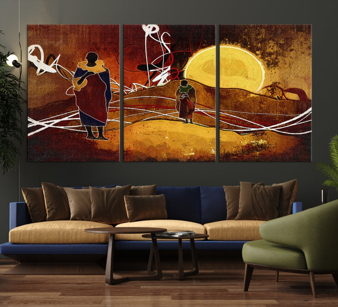 Abstract Landscape Painting Sun and African People Large Wall Art Canvas Print