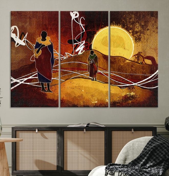 Abstract Landscape Painting Sun and African People Large Wall Art Canvas Print