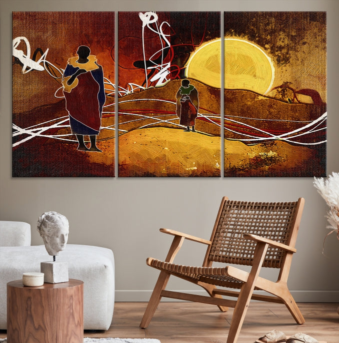 Abstract Landscape Painting Sun and African People Large Wall Art Canvas Print