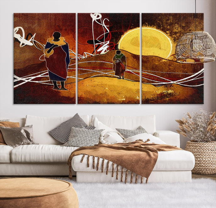 Abstract Landscape Painting Sun and African People Large Wall Art Canvas Print