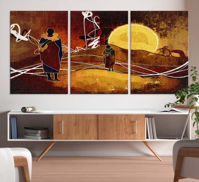 Abstract Landscape Painting Sun and African People Large Wall Art Canvas Print