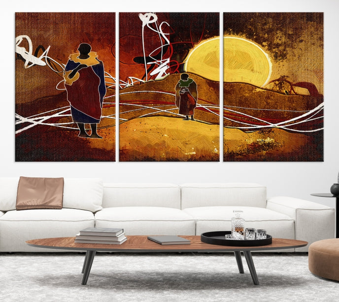 Abstract Landscape Painting Sun and African People Large Wall Art Canvas Print