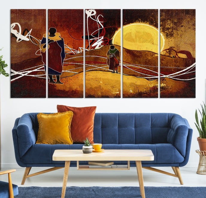 Abstract Landscape Painting Sun and African People Large Wall Art Canvas Print