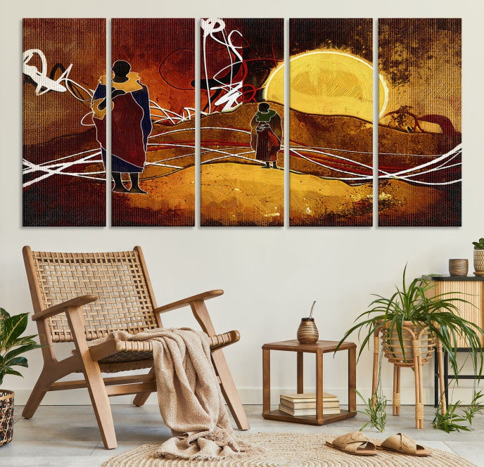 Abstract Landscape Painting Sun and African People Large Wall Art Canvas Print