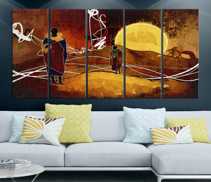 Abstract Landscape Painting Sun and African People Large Wall Art Canvas Print