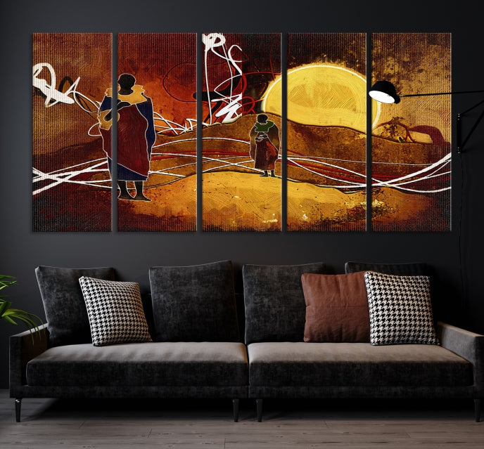 Abstract Landscape Painting Sun and African People Large Wall Art Canvas Print