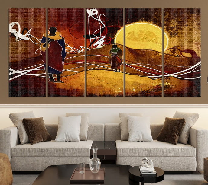 Abstract Landscape Painting Sun and African People Large Wall Art Canvas Print