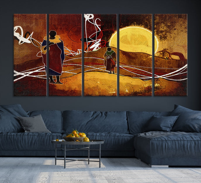 Abstract Landscape Painting Sun and African People Large Wall Art Canvas Print