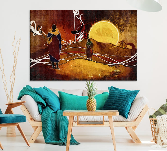 Abstract Landscape Painting Sun and African People Large Wall Art Canvas Print