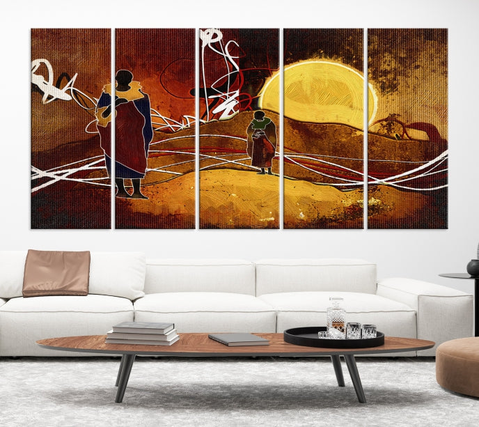 Abstract Landscape Painting Sun and African People Large Wall Art Canvas Print