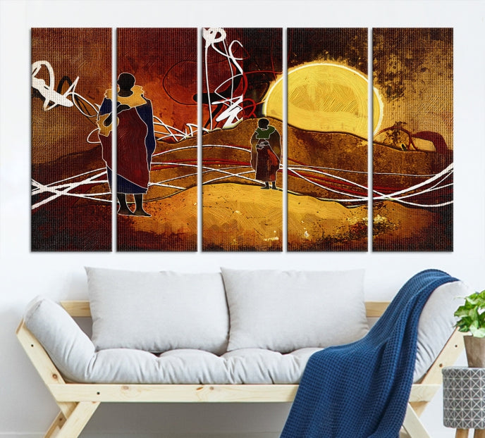 Abstract Landscape Painting Sun and African People Large Wall Art Canvas Print