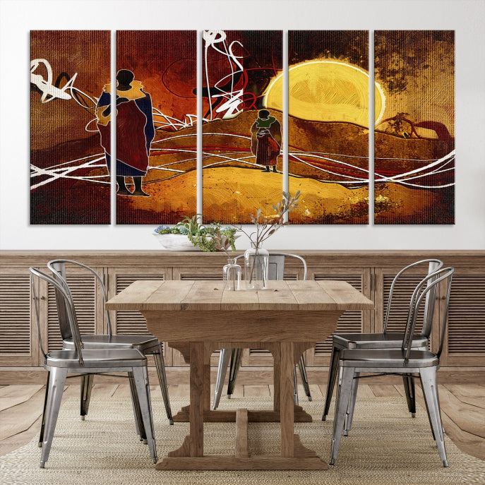 Abstract Landscape Painting Sun and African People Large Wall Art Canvas Print