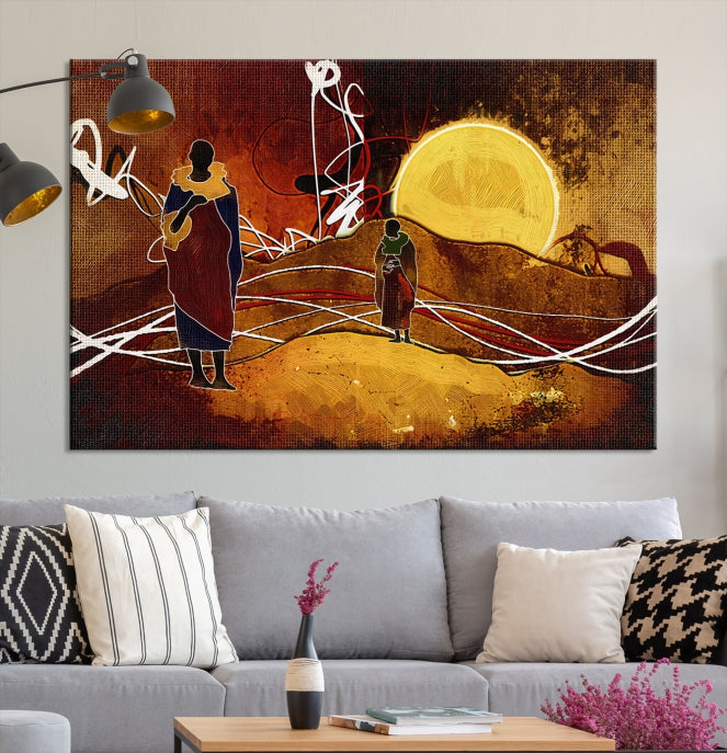 Abstract Landscape Painting Sun and African People Large Wall Art Canvas Print