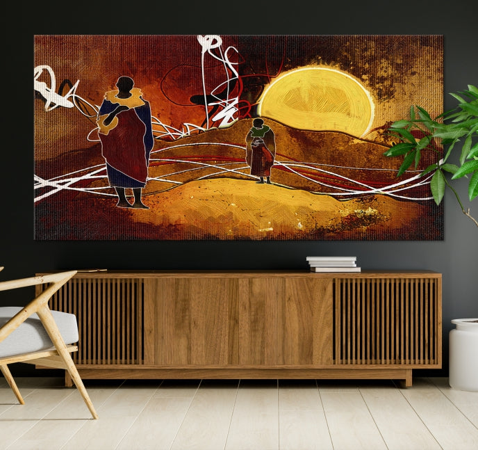 Abstract Landscape Painting Sun and African People Large Wall Art Canvas Print