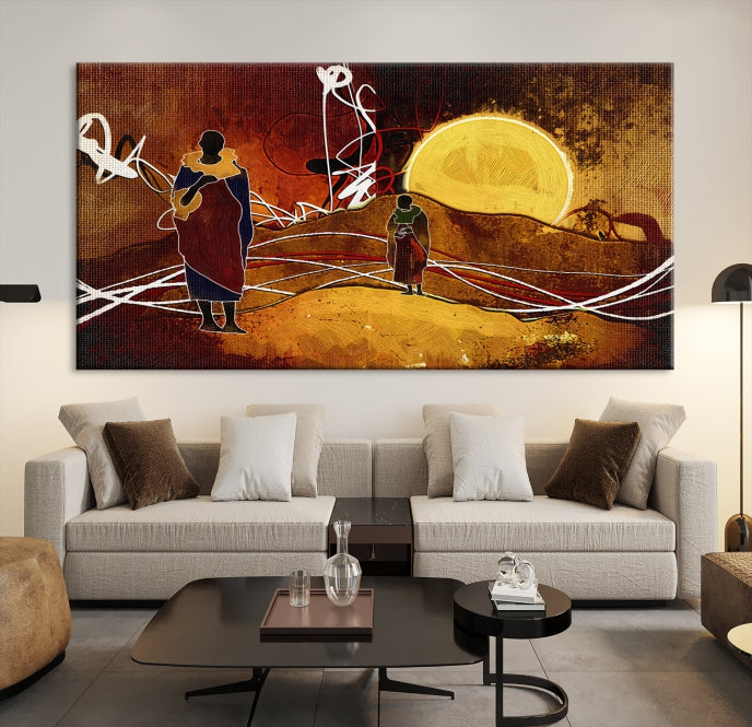 Abstract Landscape Painting Sun and African People Large Wall Art Canvas Print