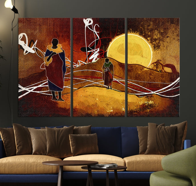 Abstract Landscape Painting Sun and African People Large Wall Art Canvas Print