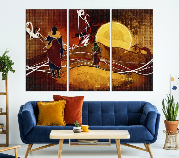 Abstract Landscape Painting Sun and African People Large Wall Art Canvas Print