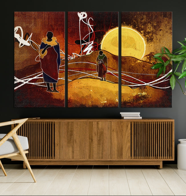 Abstract Landscape Painting Sun and African People Large Wall Art Canvas Print