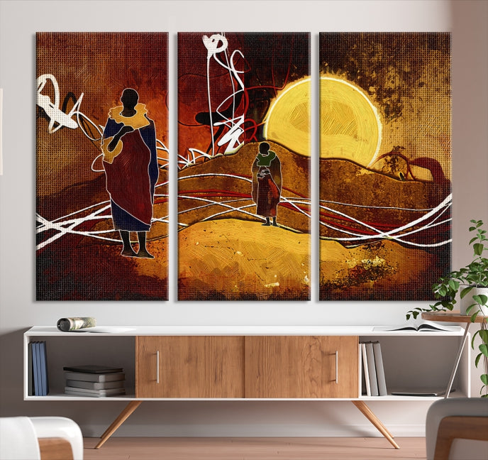 Abstract Landscape Painting Sun and African People Large Wall Art Canvas Print