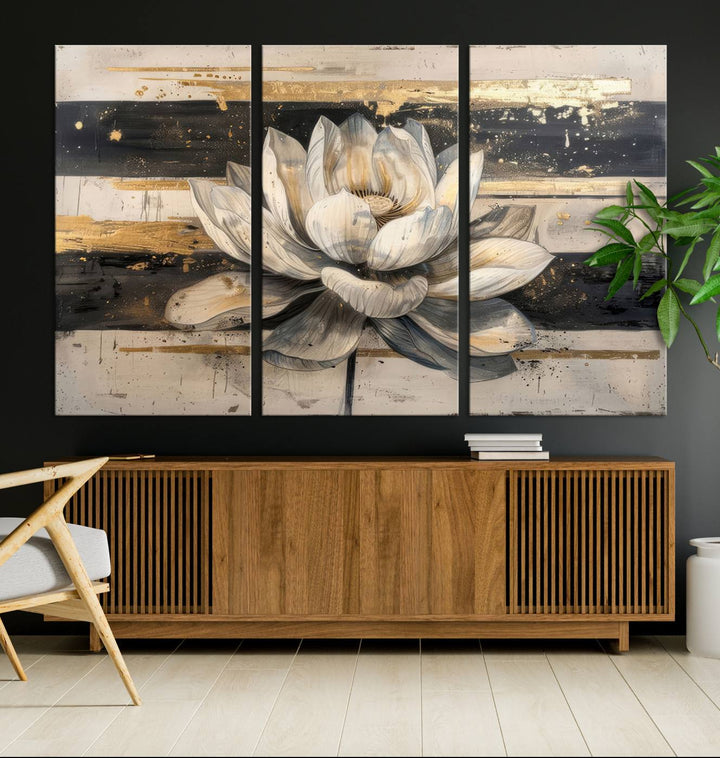 Abstract Lotus Flower Canvas Wall Art Print - Serene White and Gold Floral Design, Perfect for Living Room, Bedroom, or Office Decor, Ready to Hang