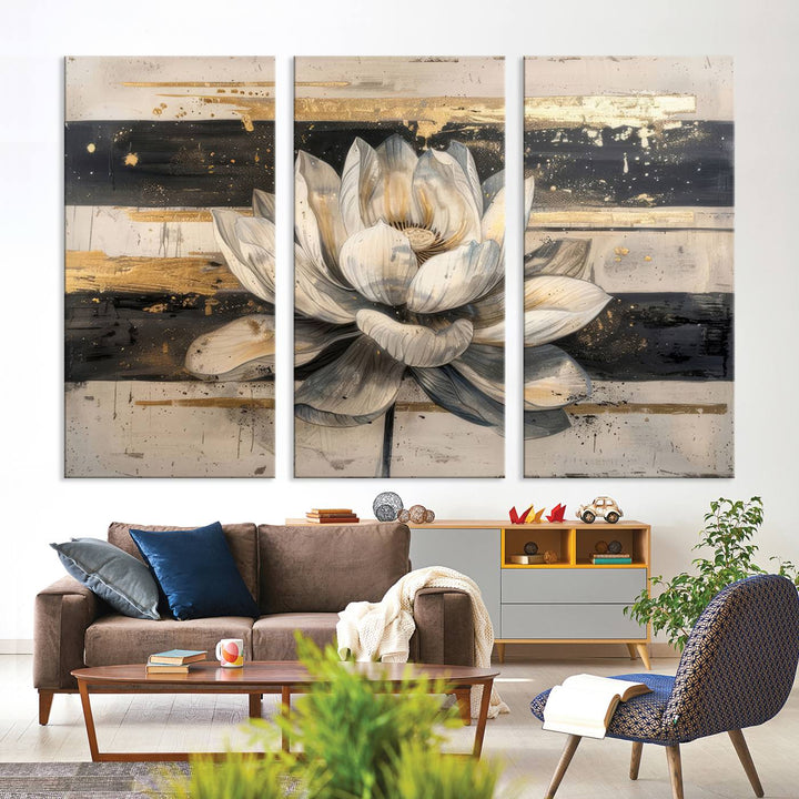 Abstract Lotus Flower Canvas Wall Art Print - Serene White and Gold Floral Design, Perfect for Living Room, Bedroom, or Office Decor, Ready to Hang