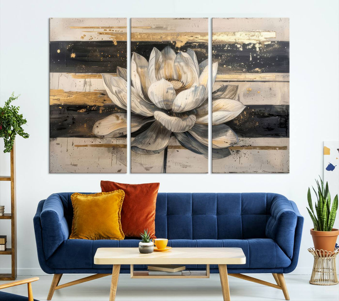 Abstract Lotus Flower Canvas Wall Art Print - Serene White and Gold Floral Design, Perfect for Living Room, Bedroom, or Office Decor, Ready to Hang