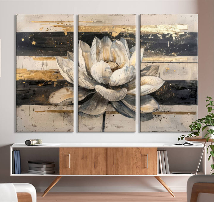 Abstract Lotus Flower Canvas Wall Art Print - Serene White and Gold Floral Design, Perfect for Living Room, Bedroom, or Office Decor, Ready to Hang