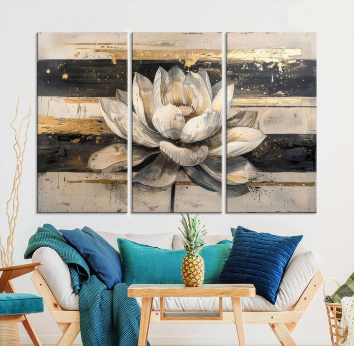 Abstract Lotus Flower Canvas Wall Art Print - Serene White and Gold Floral Design, Perfect for Living Room, Bedroom, or Office Decor, Ready to Hang