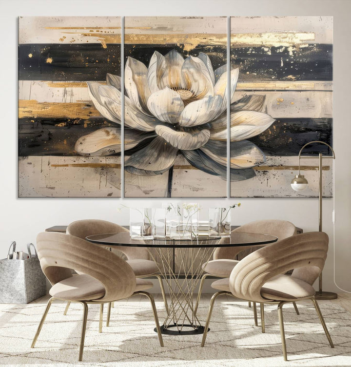 Abstract Lotus Flower Canvas Wall Art Print - Serene White and Gold Floral Design, Perfect for Living Room, Bedroom, or Office Decor, Ready to Hang