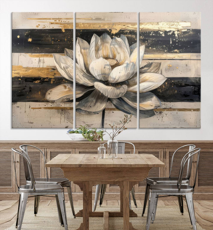 Abstract Lotus Flower Canvas Wall Art Print - Serene White and Gold Floral Design, Perfect for Living Room, Bedroom, or Office Decor, Ready to Hang